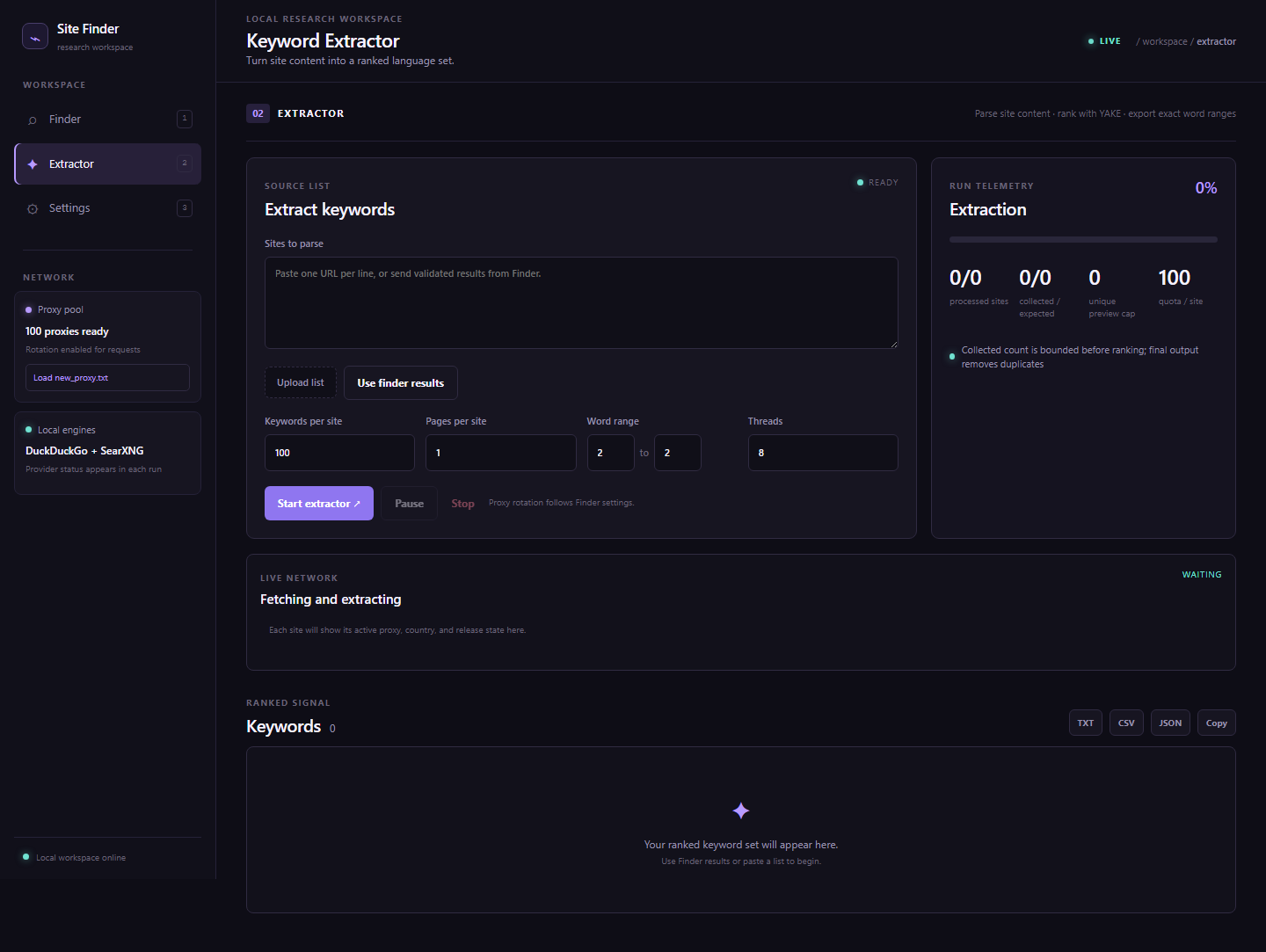 Sites and Keywords Finder extractor screen