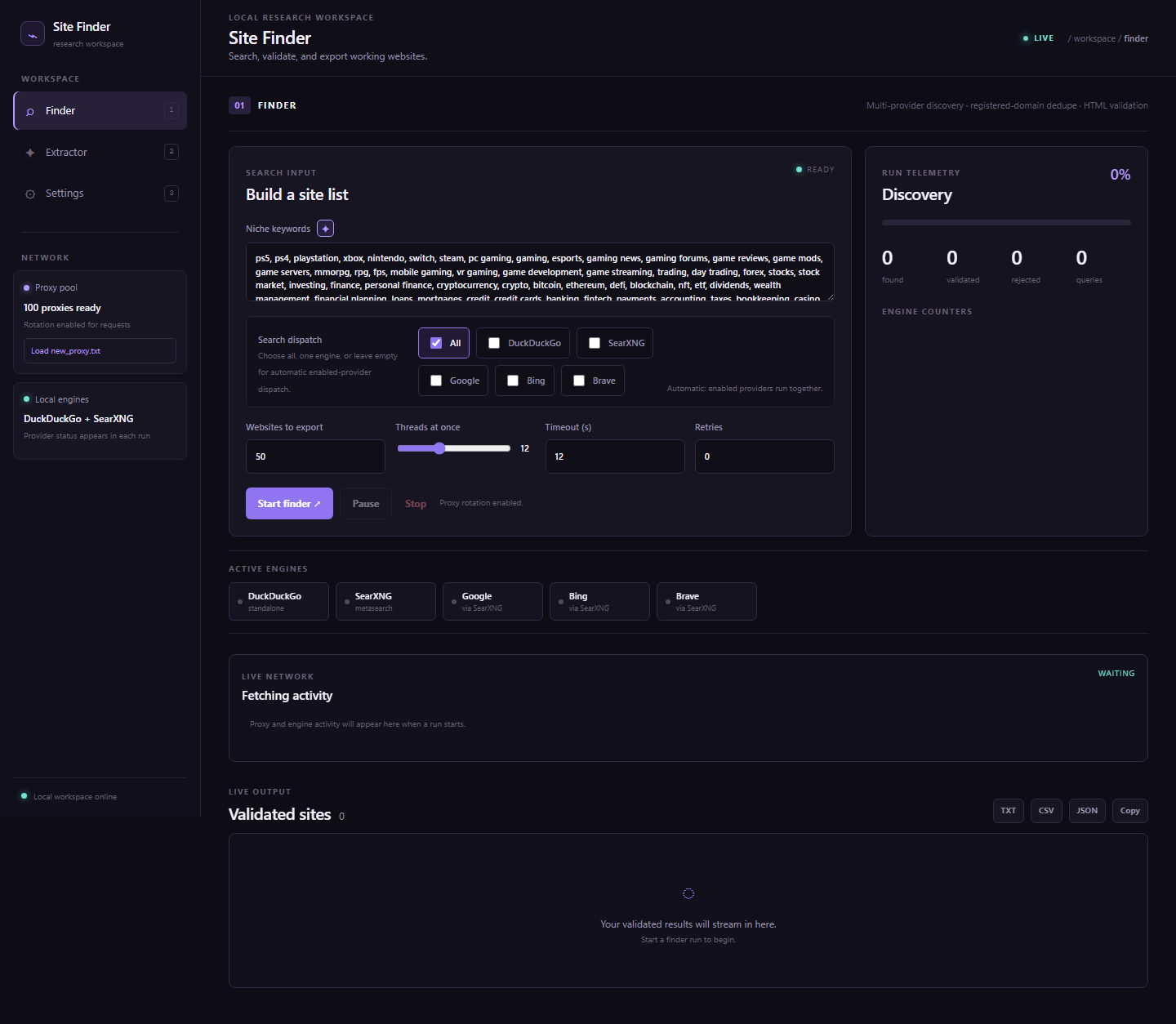 Sites and Keywords Finder main dashboard