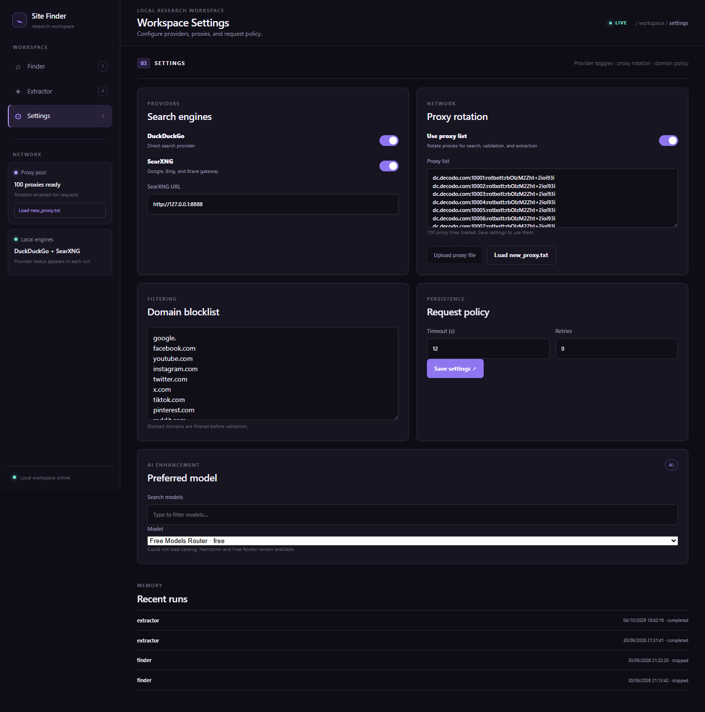 Sites and Keywords Finder settings screen