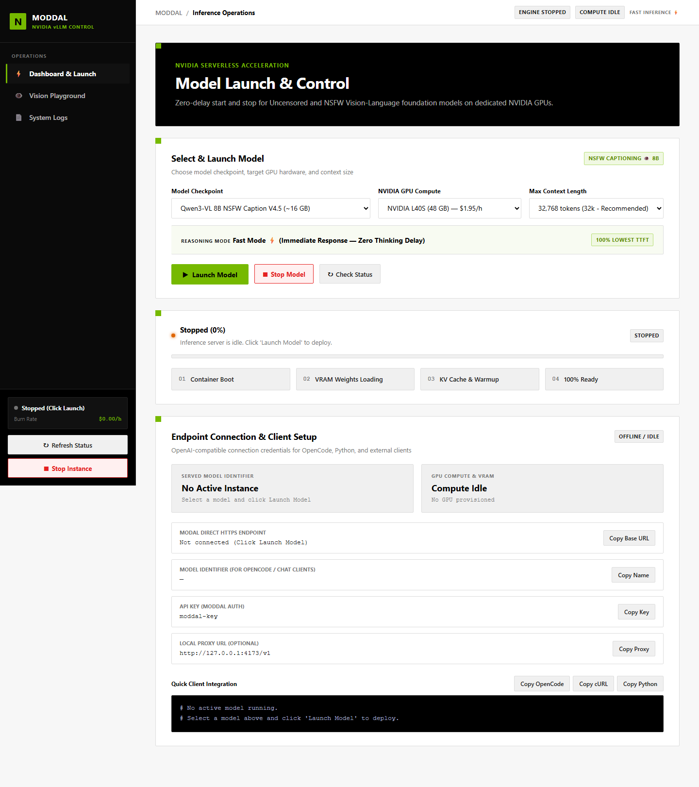 MODDAL dashboard and model launch screen