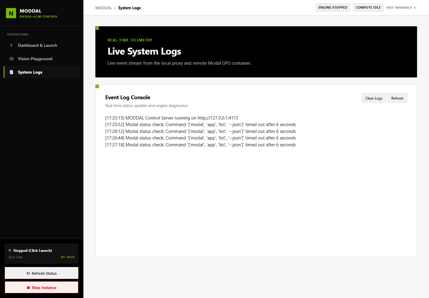 MODDAL system logs screen