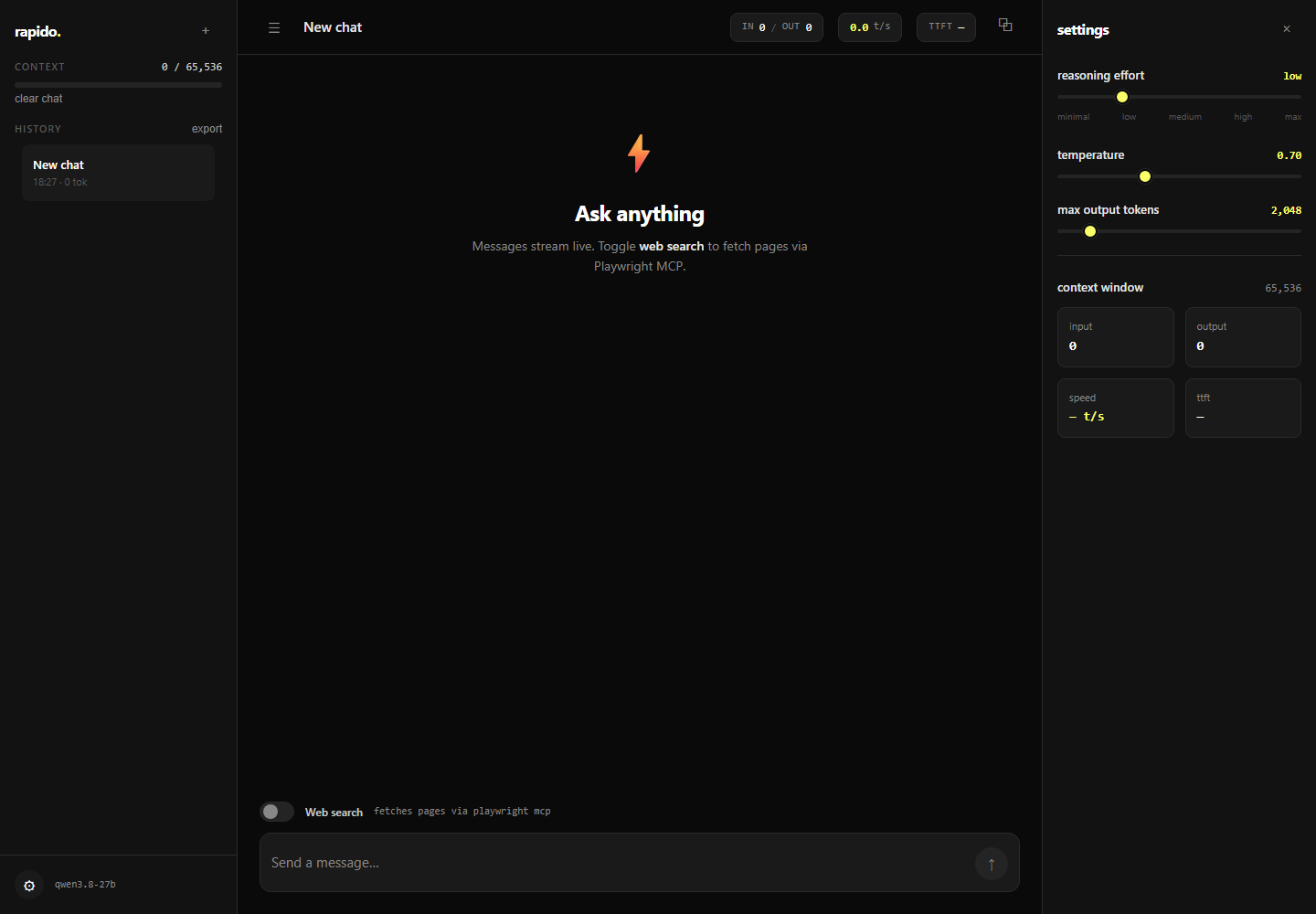 Rapido model settings interface