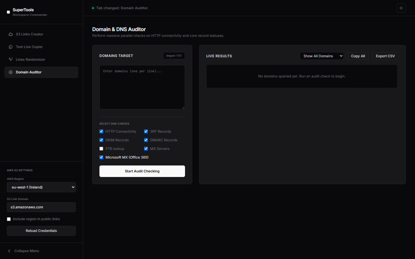SuperTools domain and DNS auditor screen